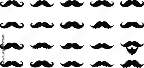 Collection of Various Black Mustache Silhouettes and Facial Hair Styles Including Handlebar Chevron and Moustache Shapes for Gentleman Grooming Barbershop and Masculine Design Projects