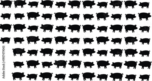 Large Collection of Black Pig Silhouettes and Swine Icons in Various Sizes for Farming Livestock Agriculture Meat Production Pork Industry and Animal Vector Graphics