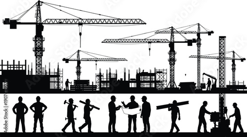 Detailed Construction Site Silhouettes Featuring Tower Cranes Scaffolding and Professional Building Contractors Working on Infrastructure Projects Industrial Engineering Development