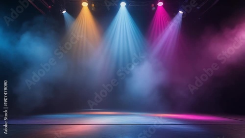 An exhibition stage with a brilliant lighting effect on a dark background. Colorful smoke background against dark background.