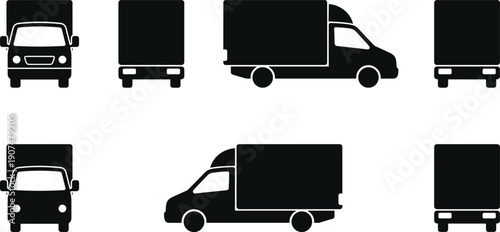 Black Delivery Van Silhouette Set Featuring Front Back and Side Views for Logistics Transportation Shipping Industry Cargo Distribution and Commercial Vehicle Vector Illustration