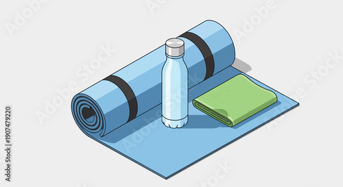 Essential fitness gear: a rolled yoga mat, water bottle, and green towel, ready for a workout, on an isolated white background.