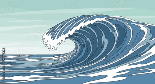 Majestic and powerful ocean wave cresting with a foamy surf, depicting the natural force of the sea, outdoors.