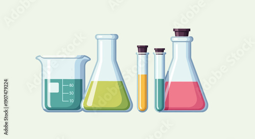 Assortment of Laboratory Glassware with Colorful Liquids in a Bright Studio