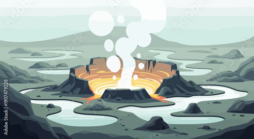 Powerful Volcanic Eruption with Flowing Lava and Rising Smoke in a Barren Rocky Landscape