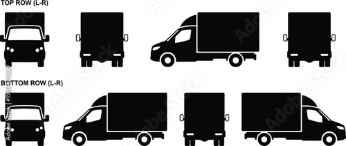 Vector Set of Black Speedboat and Luxury Motorboat Silhouettes Shown from Various Perspectives Including Top Side and Front View for Nautical and Maritime Projects