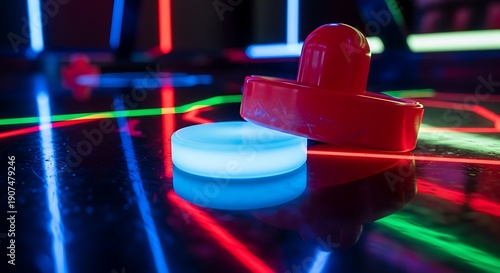 A close-up of an air hockey puck and mallet on a colorful, neon-lit table in a game room