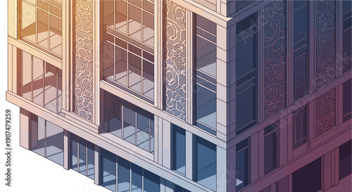 Modern building facade showcasing intricate architectural details and reflections of the urban environment, highlighting contemporary design.