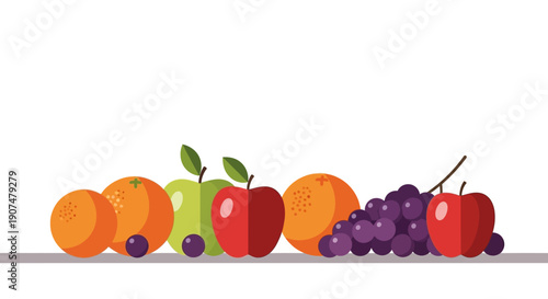 Vibrant assortment of fresh fruits including apples, oranges, and grapes, promoting healthy eating, on an isolated white background.