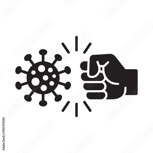 A clenched fist powerfully strikes a virus symbolizing the fight against disease
