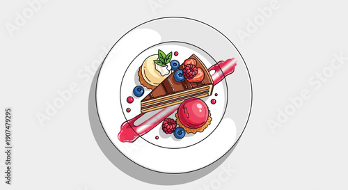 Elegant gourmet dessert plate with a slice of cake, ice cream, and fresh berries on an isolated white background.