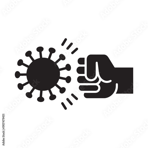 A clenched fist powerfully striking a stylized coronavirus illustration