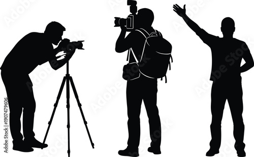 Full Body Silhouette Set of Professional Photographers Using Tripod and Camera with Backpack While Waving and Taking Photos Isolated on White Background for Media Design