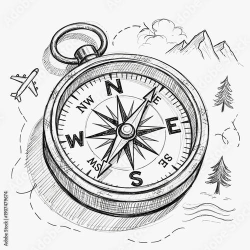 Hand-drawn compass with travel elements and mountain landscape