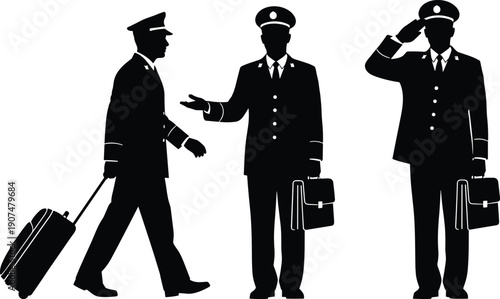 Full Body Silhouette Collection of Airline Pilots in Uniform Saluting and Walking with Suitcase Isolated on White Background for Aviation and Travel Industry Design