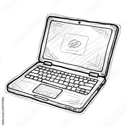 Hand-drawn sketch of an open laptop computer on white background