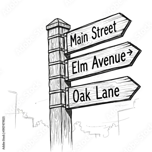 Hand-drawn wooden signpost with directions to Main Street, Elm Avenue, Oak Lane