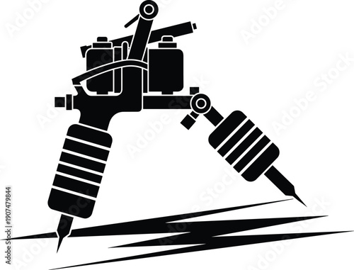 Black Tattoo Machine Silhouette Graphic with Professional Induction Gun and Ink Needles Icon Isolated on White Background for Studio Branding and Creative Body Art