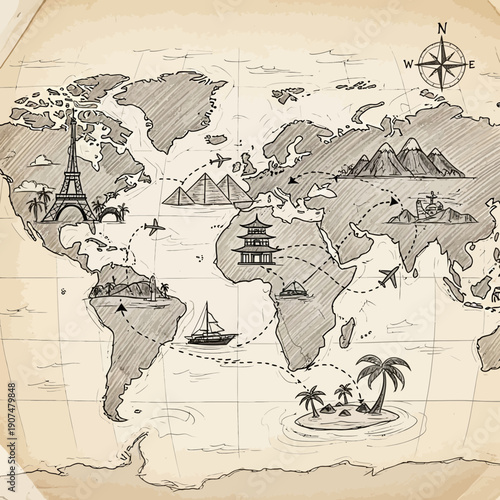 Hand-drawn World Map with Travel Landmarks and Transportation Icons