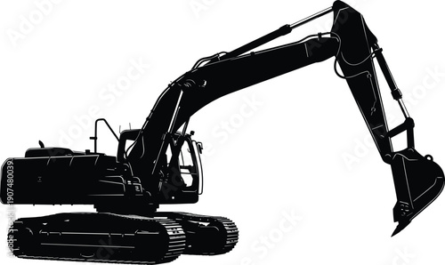 Side view black silhouette of a heavy duty crawler excavator with hydraulic shovel bucket isolated on white background for construction and earthmoving machinery SEO.