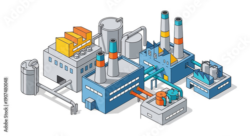 Isometric industrial factory plant with smokestacks, pipelines, and storage tanks on a white background, representing manufacturing and production.