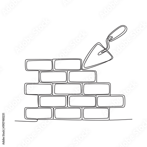 Continuous line drawing of a brick wall and trowel