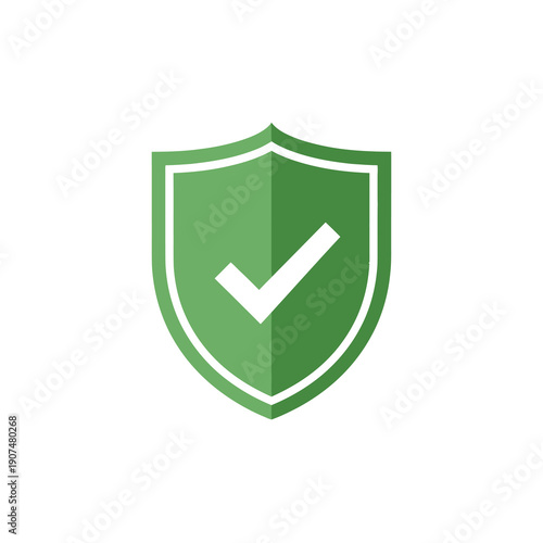 A green shield icon with a white checkmark symbolizing security, approval, and verification on a plain white background