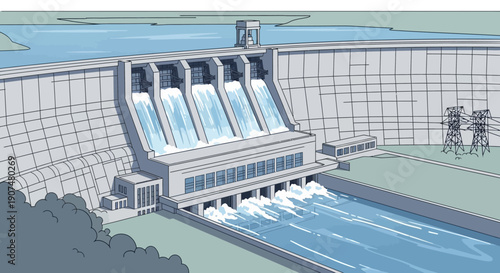 Large hydroelectric dam generating electricity and releasing water into a river in an industrial landscape, showcasing renewable energy.