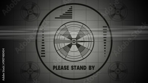 Please stand by screen displays a falloutstyle tv test pattern for a retro waiting visual.  tv test pattern for a retro falloutstyle visual ideal for creating suspenseful and vintagethemed designs.