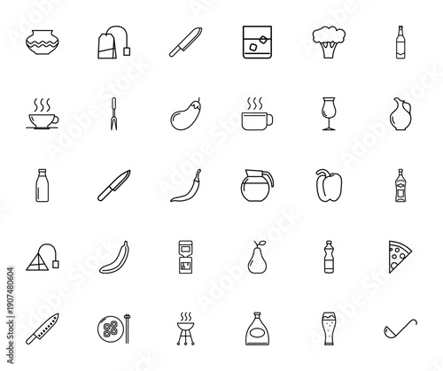 Drinks and food icon set. Kitchen and beverage vector icons pack. Includes vase, tea bag, knife, broccoli, beer bottle, coffee cup, pizza, sushi, barbecue and more. Editable stroke.