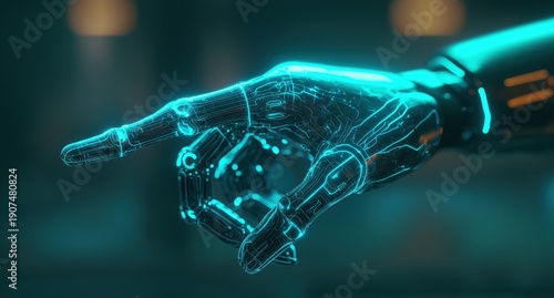 Robot hand pointing forward, intricate circuit patterns glowing with blue light. Representing future technology, AI, and digital interaction