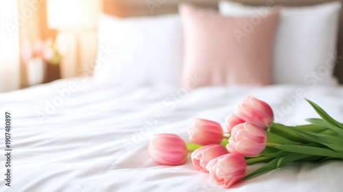 Softly lit bedroom scene with white sheets and a bouquet of pink tulips resting on the bed. Soft morning glow