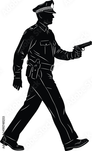 Black silhouette of a male police officer in uniform walking and holding a handgun for law enforcement public safety security and crime prevention concept