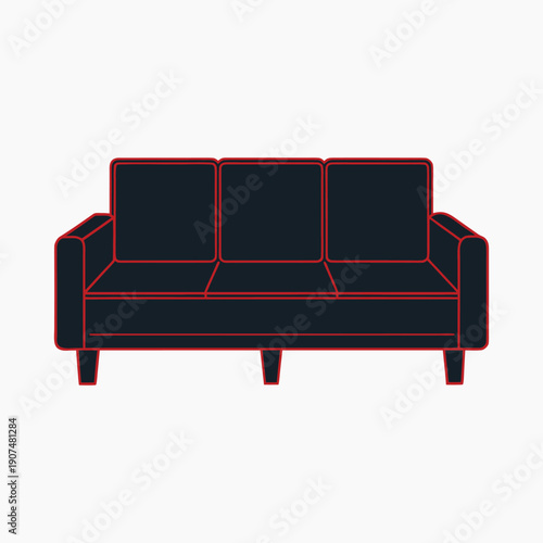 Outline illustration of a three-seater sofa with clean lines and square cushions Keywords: sofa, couch, furniture, seating, living room
