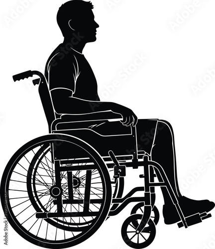 Black silhouette of disabled man sitting in wheelchair for accessibility inclusion and medical rehabilitation concept isolated on white background for creative graphic design projects