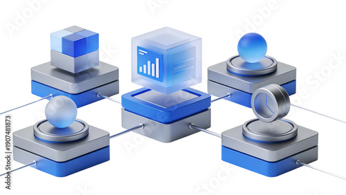 Isometric 3d render of a computer network concept featuring data cubes and business icons in a technology chain illustration