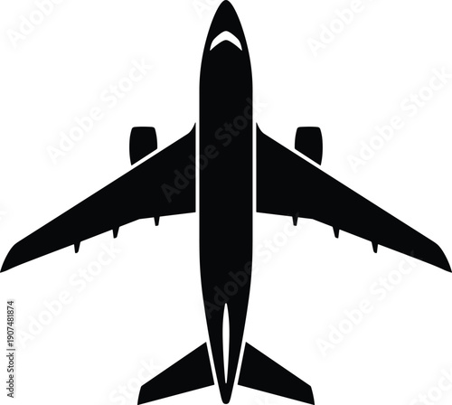 Black airplane silhouette from top view for aviation aerospace industry travel and commercial airline flight concept isolated on white background for creative graphic design