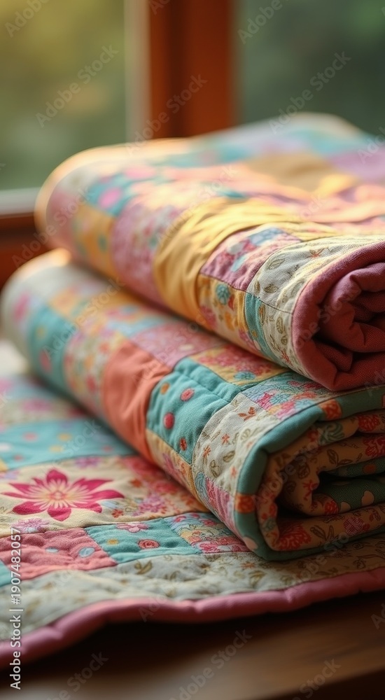 Fototapeta premium Quilts folded on a table near a window