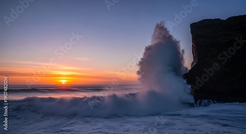 Dramatic Geyser Eruption Spewing Steam at Sunset in a Snowy Winter Landscape.