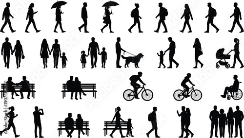 Diverse collection of black people silhouettes featuring families walking cycling sitting on benches and strolling with pets for urban community and lifestyle graphic design