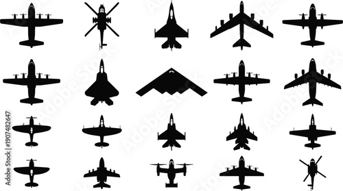 Collection of aircraft silhouettes including military fighter jets passenger airplanes and helicopters for aviation aerospace industry and air force graphic design concept isolated on white