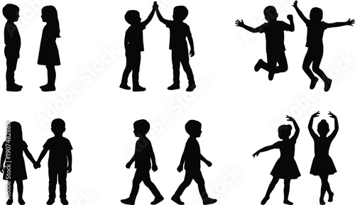 WebCollection of black children silhouettes playing jumping walking and holding hands for school education childhood development and kindergarten graphic design concept isolated on white background