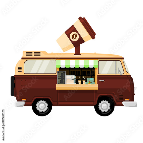 Hot Coffee Drink Food Take Away Market Van Truck Cartoon Flat Illustration Icon Vector