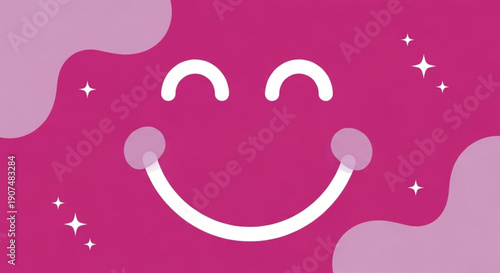 International Day of Happiness a happy smiling face with sparkling accents and gentle wavy shapes on a vibrant pink backdrop