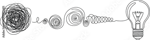 Abstract concept of problem solving and creative thinking process showing tangled messy line transition into organized light bulb idea on white background for business