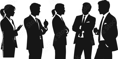 Flat vector illustration of business professionals in silhouette discussing teamwork collaboration communication corporate meeting professional interaction workplace conversation scene