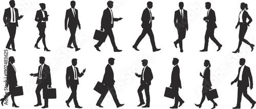 Flat vector illustration of business professionals silhouettes walking in motion corporate attire teamwork workplace diversity professional group commuting productivity scene