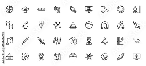 Science icon set. Vector illustration pack featuring Earth, DNA, Atom, Rocket, Microscope, Experiment, Chemistry, Neuron, Planets and more. Editable stroke.