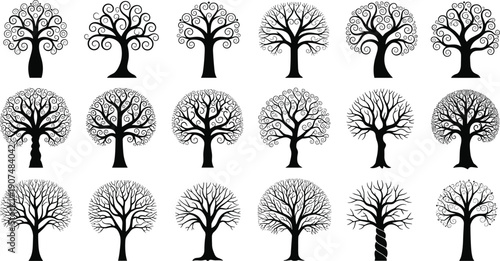 Large Vector Set of Decorative Black Tree Silhouettes with Swirl Branches and Intricate Roots Isolated on White Background for Family Tree and Nature Designs