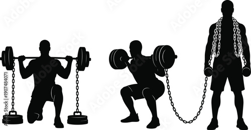 Black Silhouette Set of Bodybuilders Performing Squats and Lunges with Heavy Barbell and Resistance Training Chains Isolated on White Background for Fitness and Gym Designs
